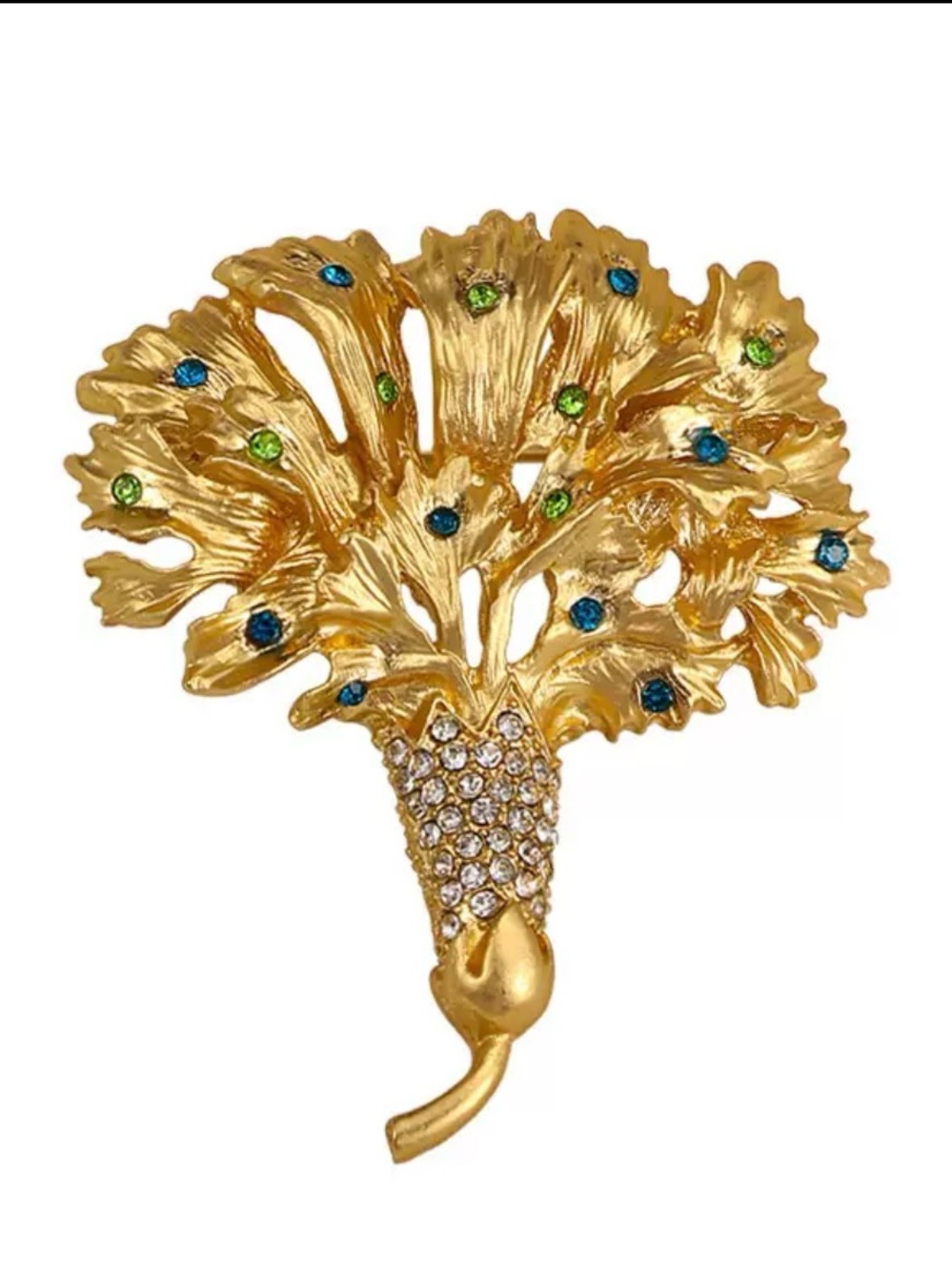 Vintage Gold Fan Brooch with Blue, Green and Clear Stones